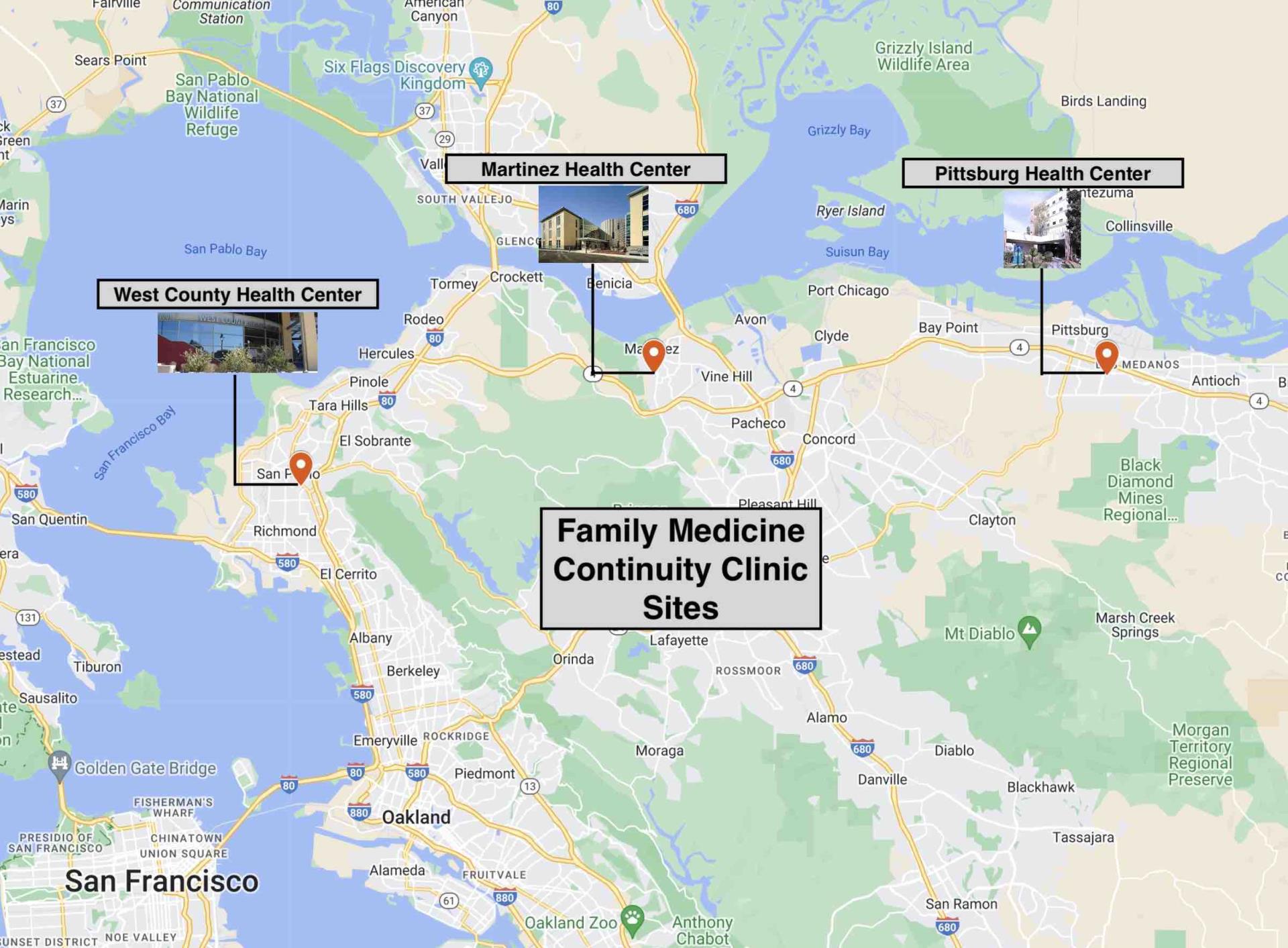 Map showing the location of the three family medicine clinic sites