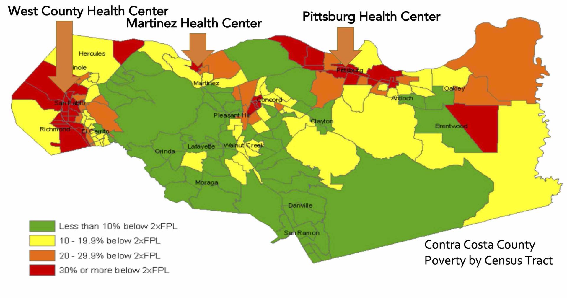 Map showing location of resident clinics relative to lower income areas of Contra Costa county